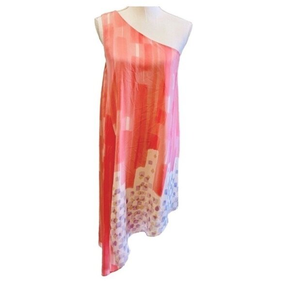 Maeve by Anthropologie 100% Silk Pink and Cream One Shoulder Dress Size 4 - Picture 1 of 6